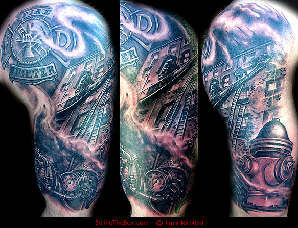 tattoo of fire scene with steamer engine Tattoo of the Week April 28 2008