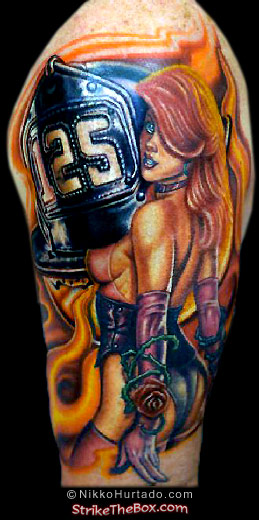 firefighter pin-up tattoo by Nikko Hurtado