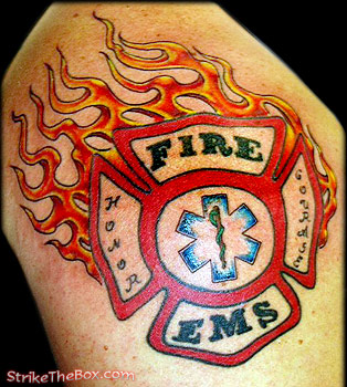 maltese cross tattoo with flames and ems logo