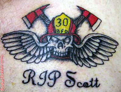 memorial firefighter tattoo -skull with leather helmet and axe